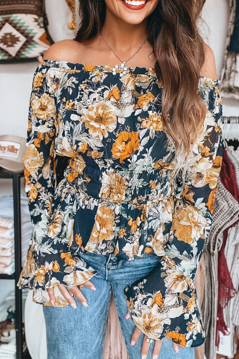 Floral Off Shoulder Bell Sleeve Smocked Peplum Blouse