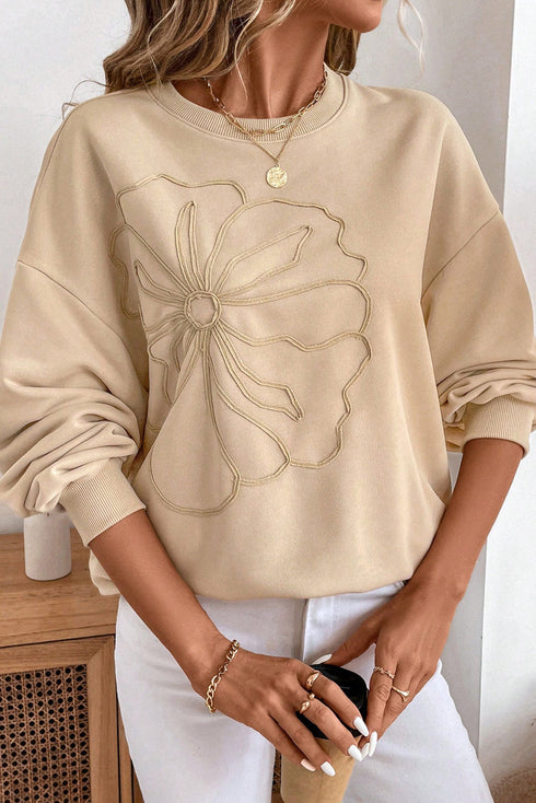 Floral Outline Embroidered Drop Shoulder Crewneck Sweatshirt
