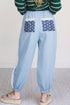 Floral Patched Pocket Lace Accent Pleated Wide Leg Pants