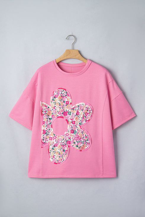 Floral Patched Raw Seam Big Flower Oversize Tee