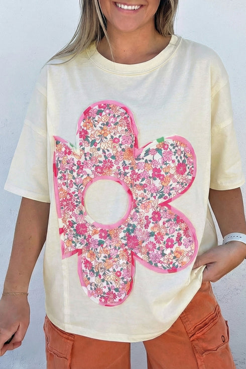 Floral Patched Raw Seam Big Flower Oversize Tee