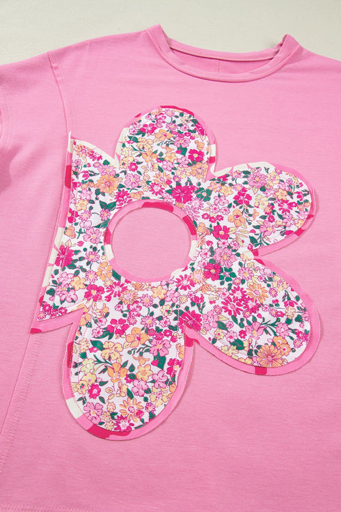 Floral Patched Raw Seam Big Flower Oversize Tee