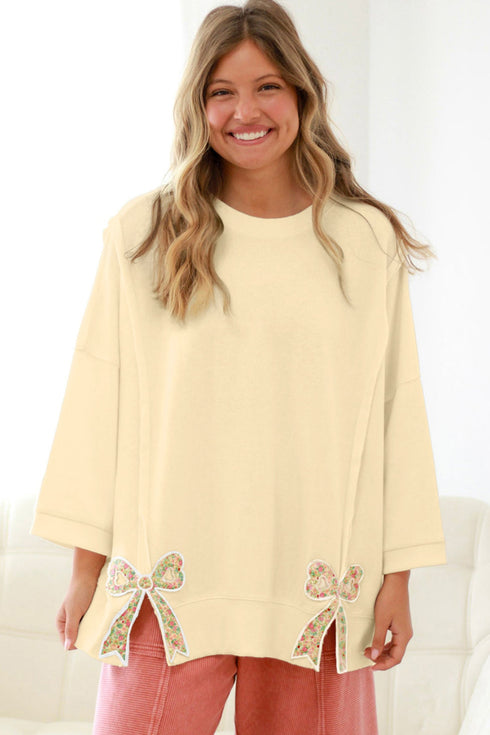 Floral Patched Raw Seam Bow Detail Baggy Long Sleeve Top