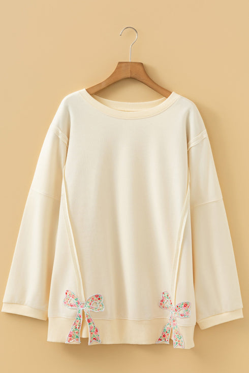 Floral Patched Raw Seam Bow Detail Baggy Long Sleeve Top