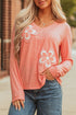 Floral Patchwork Applique V Neck Long Sleeve Knit Top