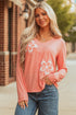 Floral Patchwork Applique V Neck Long Sleeve Knit Top