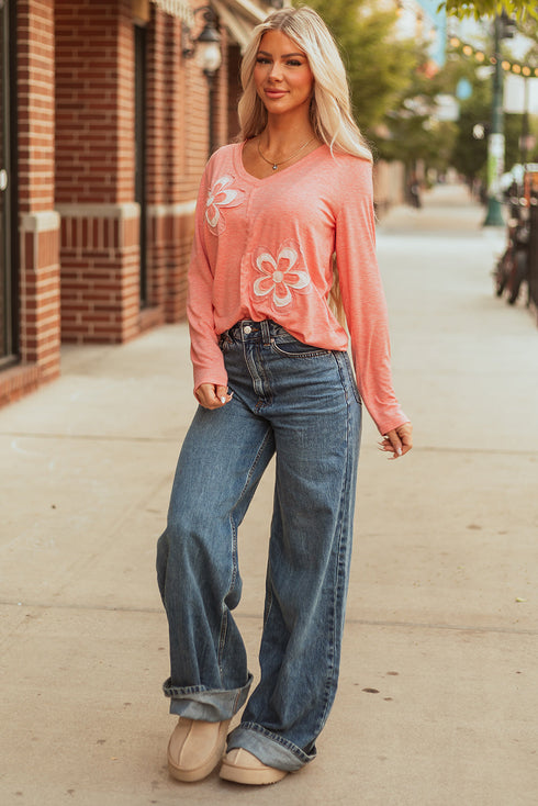 Floral Patchwork Applique V Neck Long Sleeve Knit Top