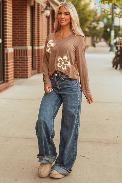Floral Patchwork Applique V Neck Long Sleeve Knit Top
