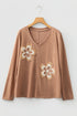 Floral Patchwork Applique V Neck Long Sleeve Knit Top