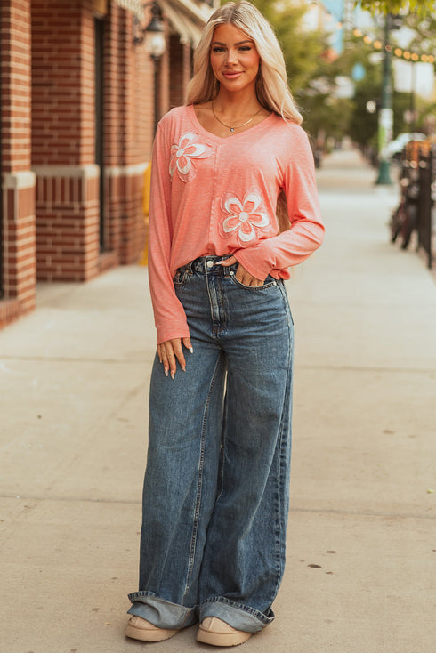 Floral Patchwork Applique V Neck Long Sleeve Knit Top