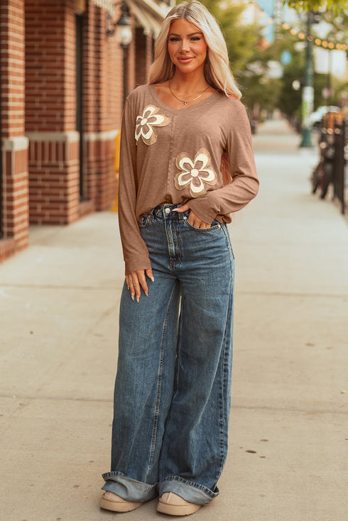 Floral Patchwork Applique V Neck Long Sleeve Knit Top