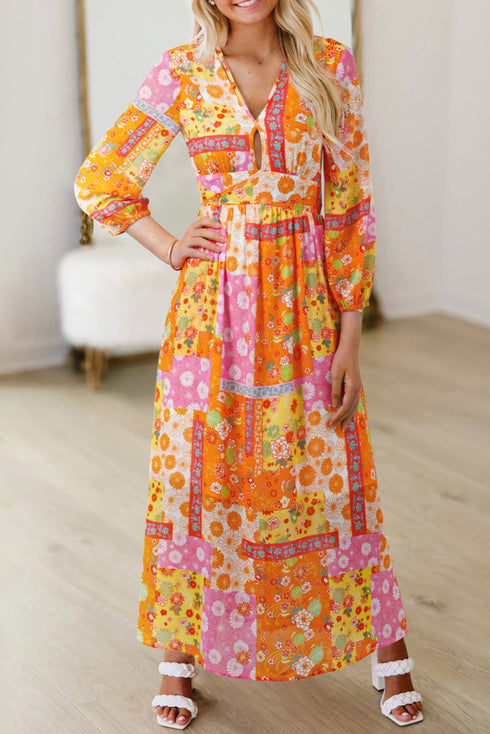 Floral Patchwork Cut Out Bracelet Sleeve A Line Maxi Dress