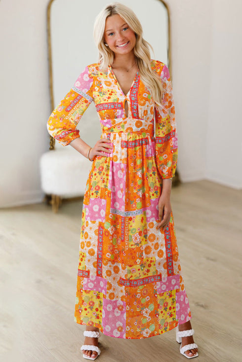 Floral Patchwork Cut Out Bracelet Sleeve A Line Maxi Dress