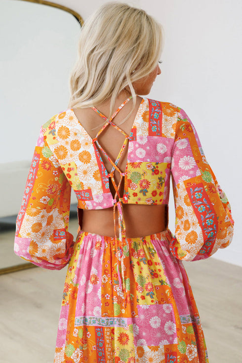 Floral Patchwork Cut Out Bracelet Sleeve A Line Maxi Dress