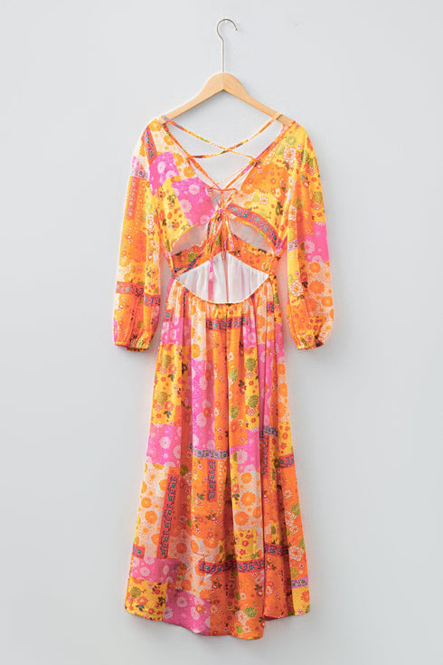 Floral Patchwork Cut Out Bracelet Sleeve A Line Maxi Dress