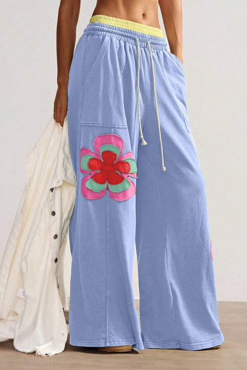 Floral Patchwork Drawstring Elastic Waist Wide Leg Pants