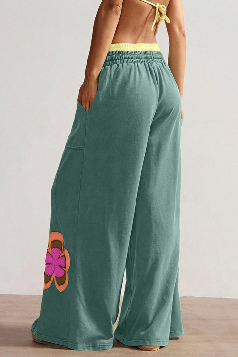 Floral Patchwork Drawstring Elastic Waist Wide Leg Pants