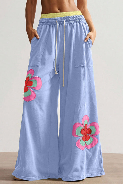Floral Patchwork Drawstring Elastic Waist Wide Leg Pants