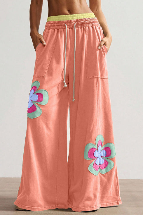 Floral Patchwork Drawstring Elastic Waist Wide Leg Pants