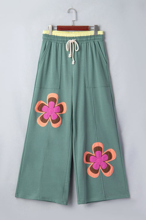 Floral Patchwork Drawstring Elastic Waist Wide Leg Pants