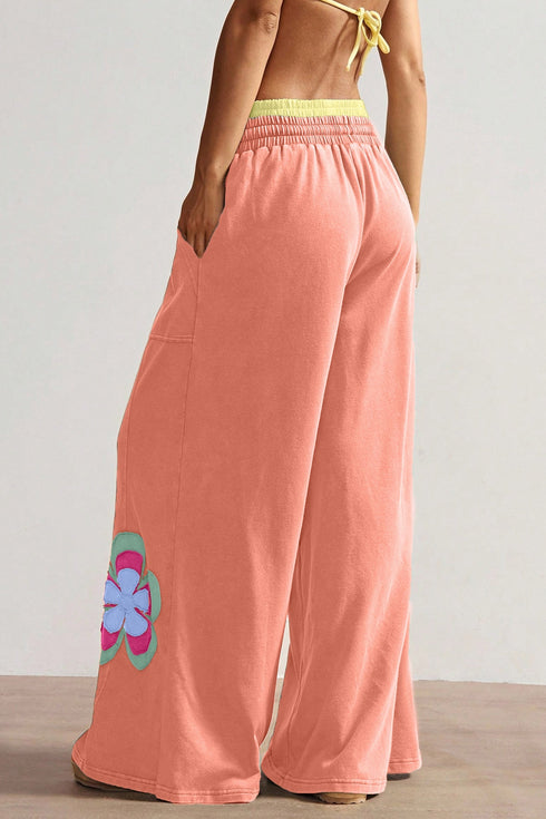 Floral Patchwork Drawstring Elastic Waist Wide Leg Pants