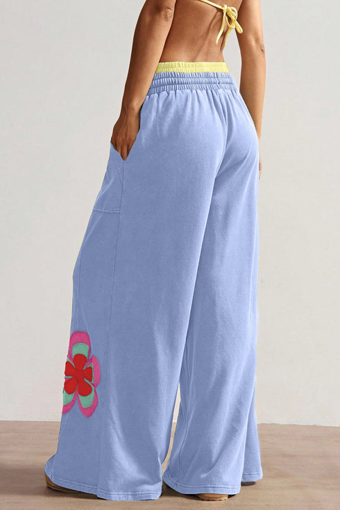 Floral Patchwork Drawstring Elastic Waist Wide Leg Pants