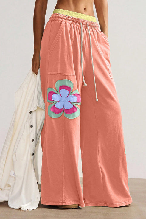 Floral Patchwork Drawstring Elastic Waist Wide Leg Pants