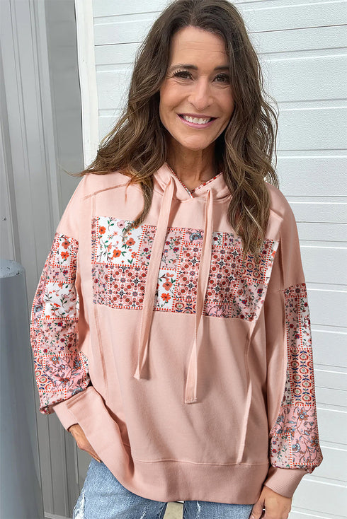 Floral Patchwork Drop Shoulder Drawstring Pullover Hoodie