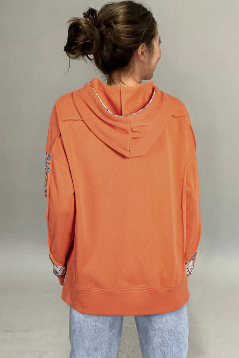 Floral Patchwork Drop Shoulder Drawstring Pullover Hoodie