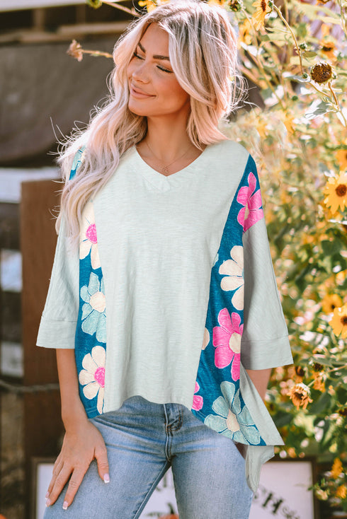 Floral Patchwork Exposed Seam Oversized Cotton High Low Top
