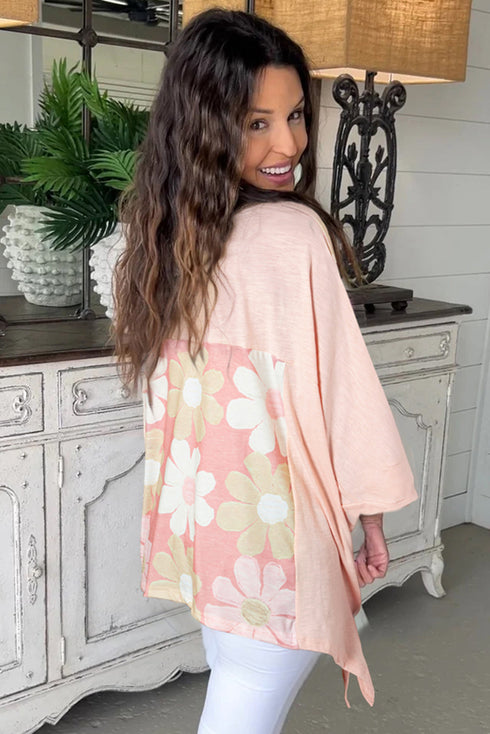 Floral Patchwork Exposed Seam Oversized Cotton High Low Top