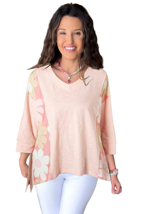 Floral Patchwork Exposed Seam Oversized Cotton High Low Top