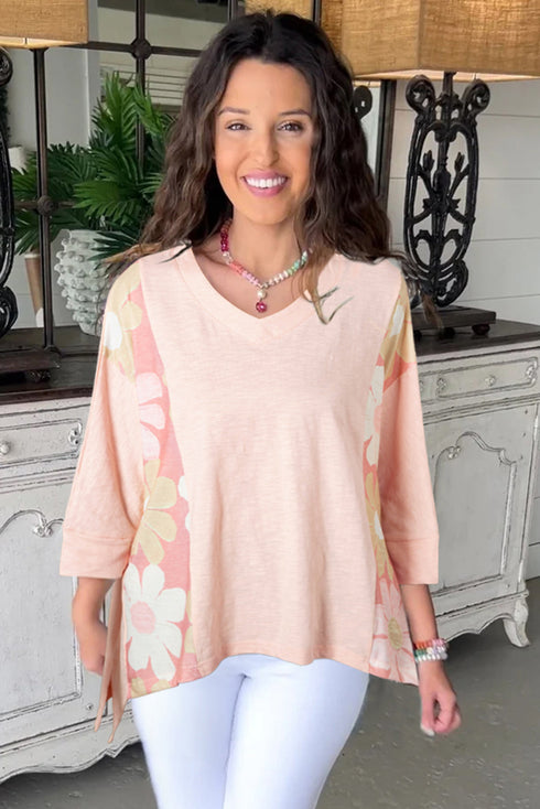 Floral Patchwork Exposed Seam Oversized Cotton High Low Top