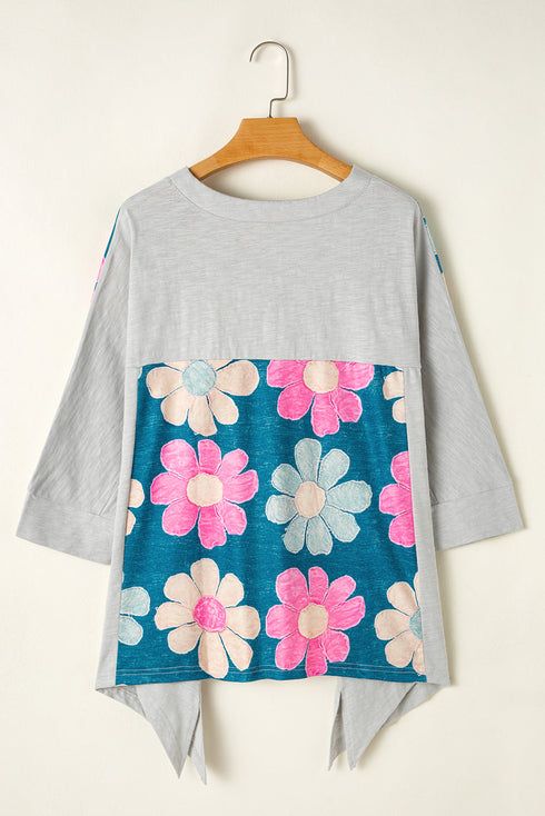 Floral Patchwork Exposed Seam Oversized Cotton High Low Top