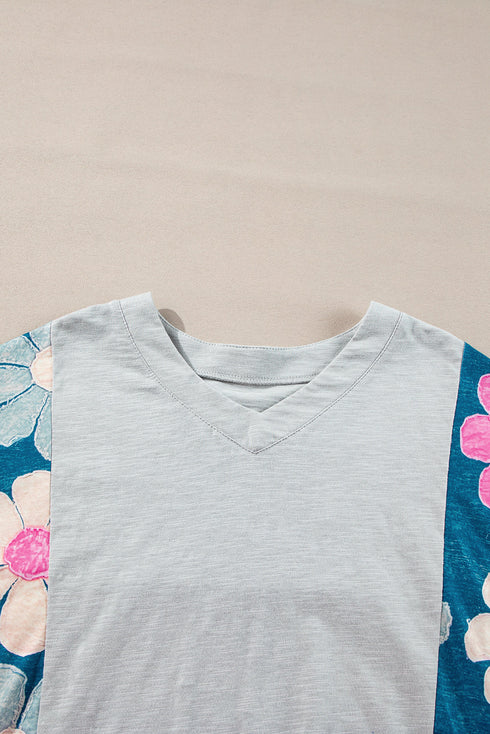 Floral Patchwork Exposed Seam Oversized Cotton High Low Top
