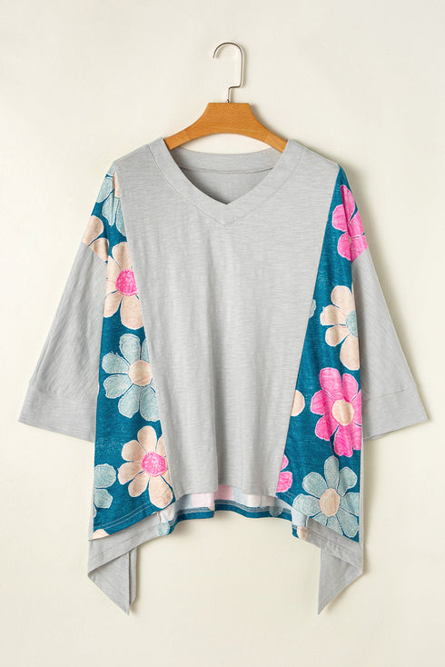Floral Patchwork Exposed Seam Oversized Cotton High Low Top