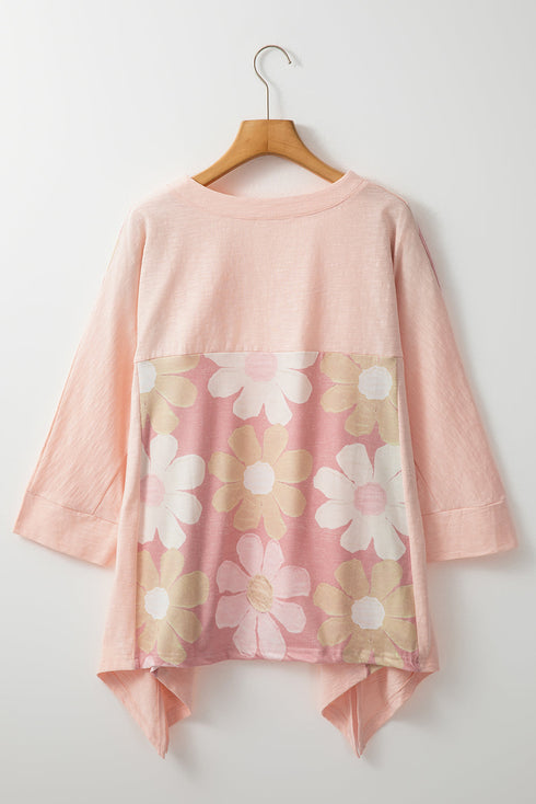 Floral Patchwork Exposed Seam Oversized Cotton High Low Top