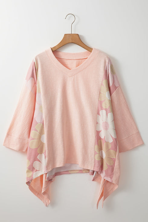 Floral Patchwork Exposed Seam Oversized Cotton High Low Top