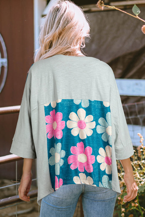 Floral Patchwork Exposed Seam Oversized Cotton High Low Top