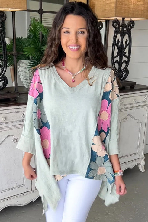 Floral Patchwork Exposed Seam Oversized Cotton High Low Top