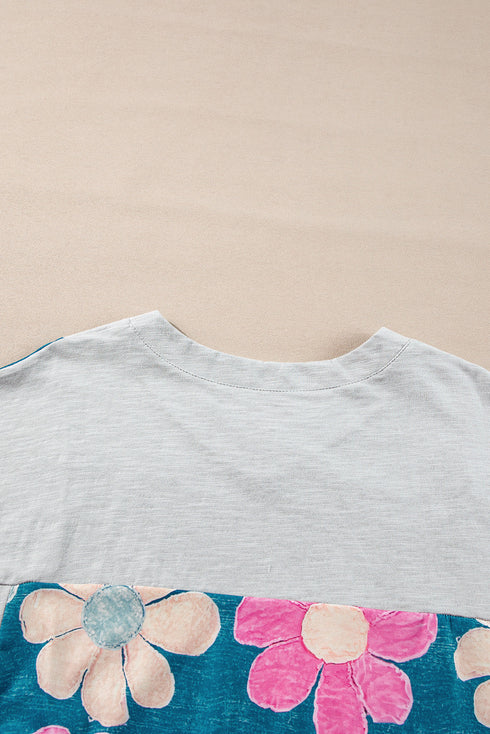 Floral Patchwork Exposed Seam Oversized Cotton High Low Top