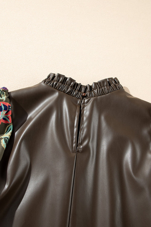 Floral Patchwork Faux Leather Bubble Sleeve Frill Neck Blouse