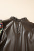 Floral Patchwork Faux Leather Bubble Sleeve Frill Neck Blouse