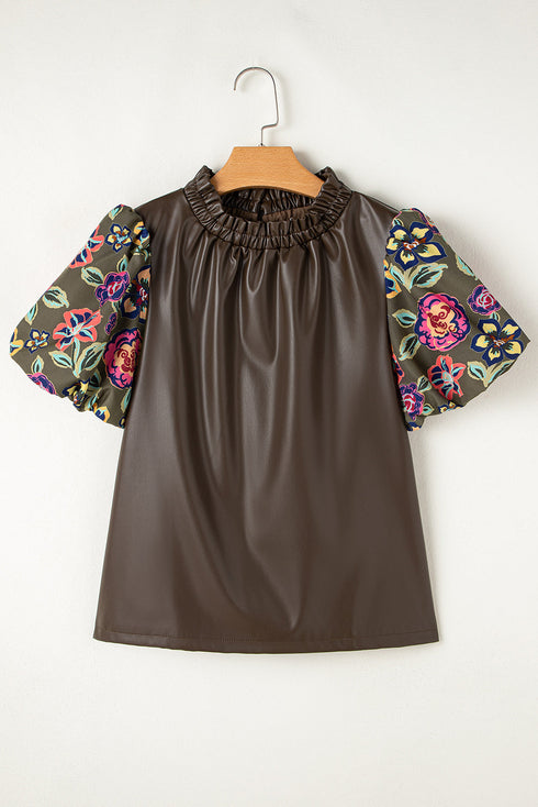 Floral Patchwork Faux Leather Bubble Sleeve Frill Neck Blouse