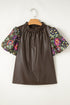 Floral Patchwork Faux Leather Bubble Sleeve Frill Neck Blouse