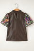 Floral Patchwork Faux Leather Bubble Sleeve Frill Neck Blouse