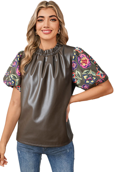Floral Patchwork Faux Leather Bubble Sleeve Frill Neck Blouse