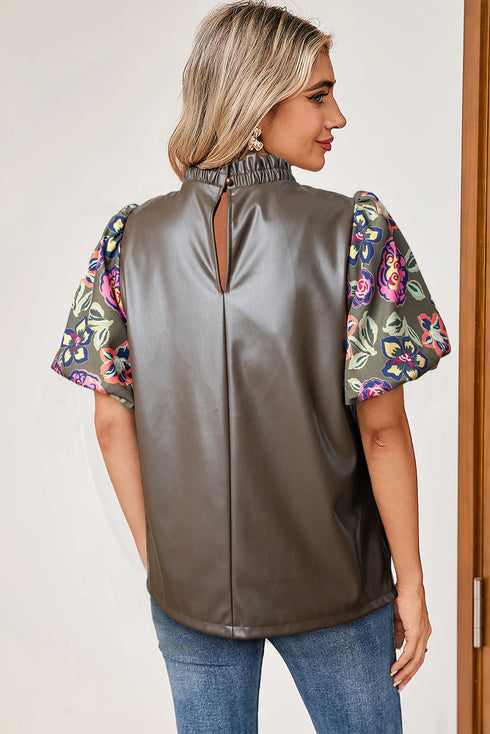Floral Patchwork Faux Leather Bubble Sleeve Frill Neck Blouse