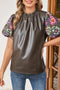 Floral Patchwork Faux Leather Bubble Sleeve Frill Neck Blouse
