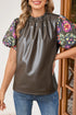 Floral Patchwork Faux Leather Bubble Sleeve Frill Neck Blouse